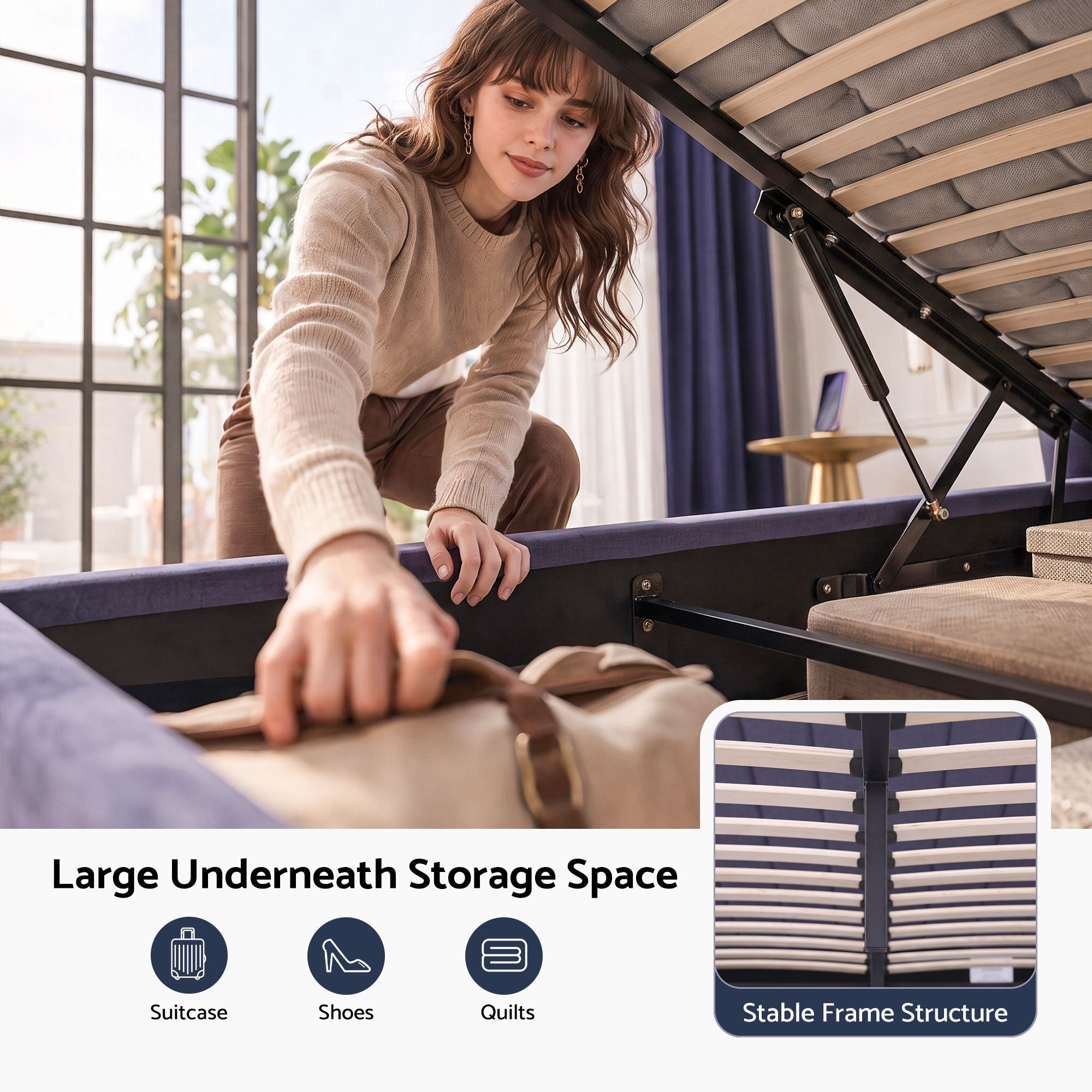 Queen Upholstered Bed Frame with Lift-Up Storage and USB Ports - Grey