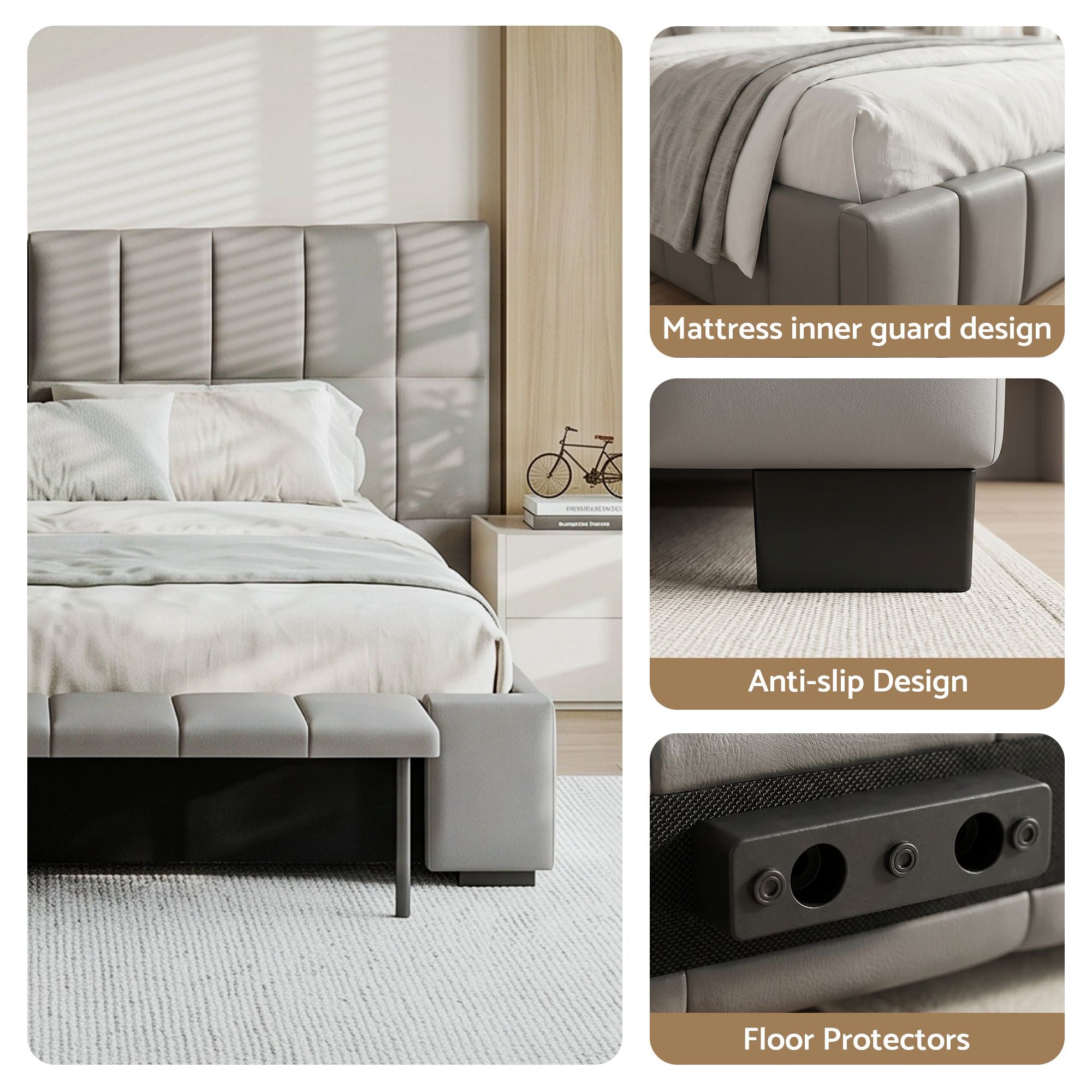 Double Size Upholstered Gas Lift Bed Frame with Foldable Bench PVC Leather Platform Bed with Storage