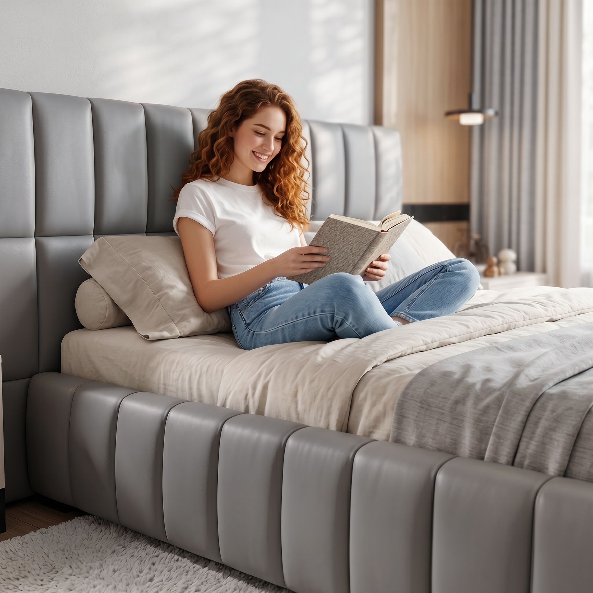 Double Size Upholstered Gas Lift Bed Frame with Foldable Bench PVC Leather Platform Bed with Storage