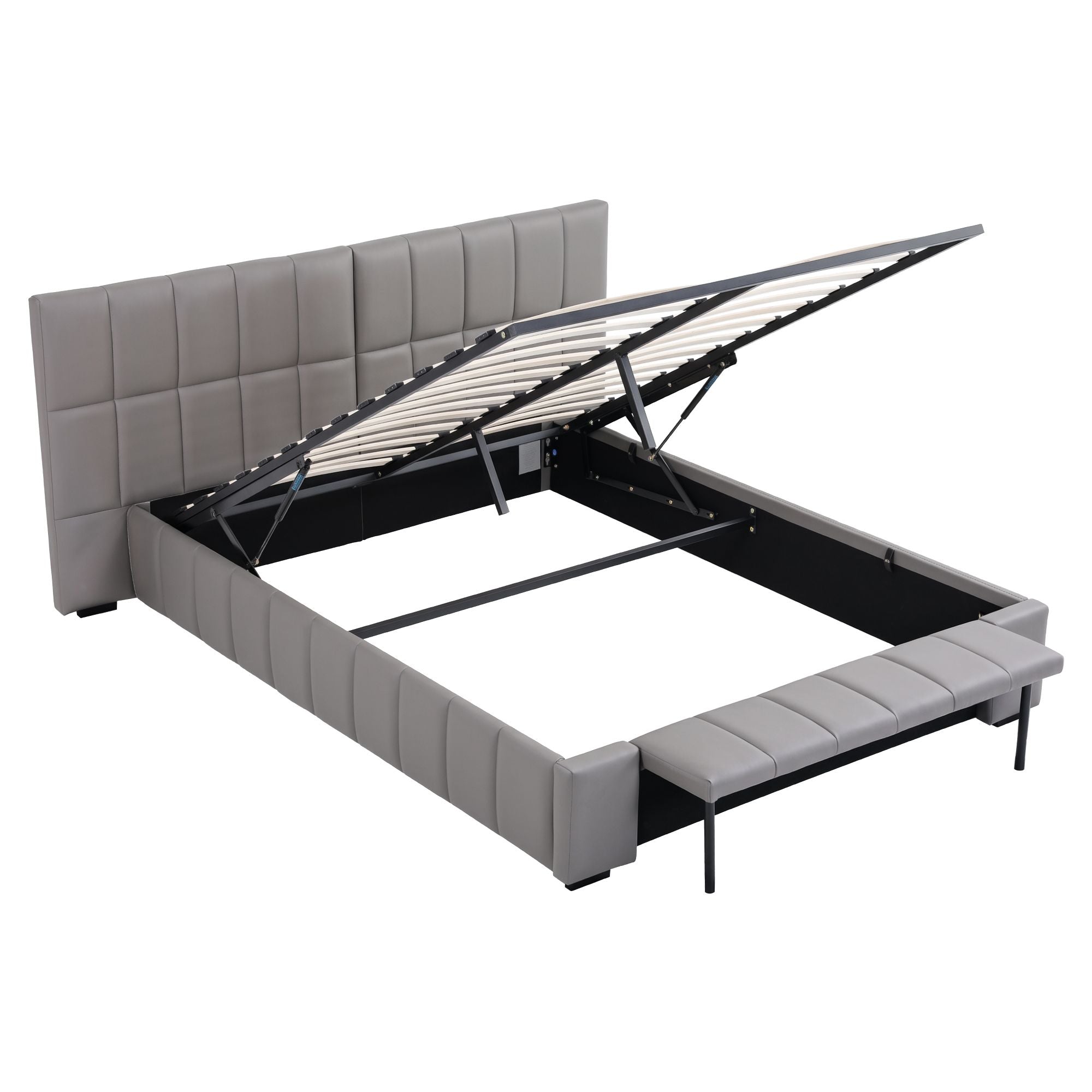 Queen Size Upholstered Gas Lift Bed Frame with Foldable Bench PVC Leather Platform Bed with Storage