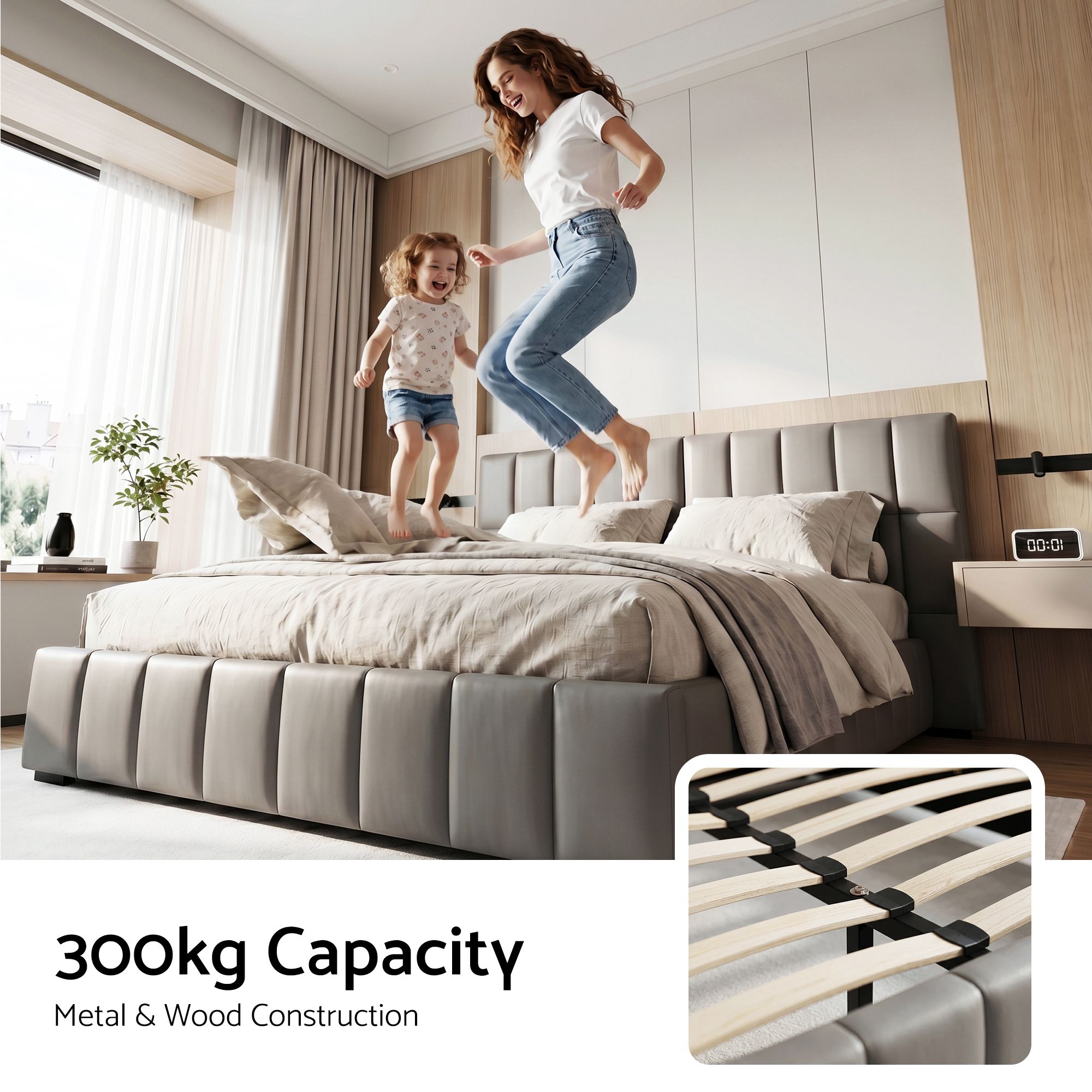 Queen Size Upholstered Gas Lift Bed Frame with Foldable Bench PVC Leather Platform Bed with Storage