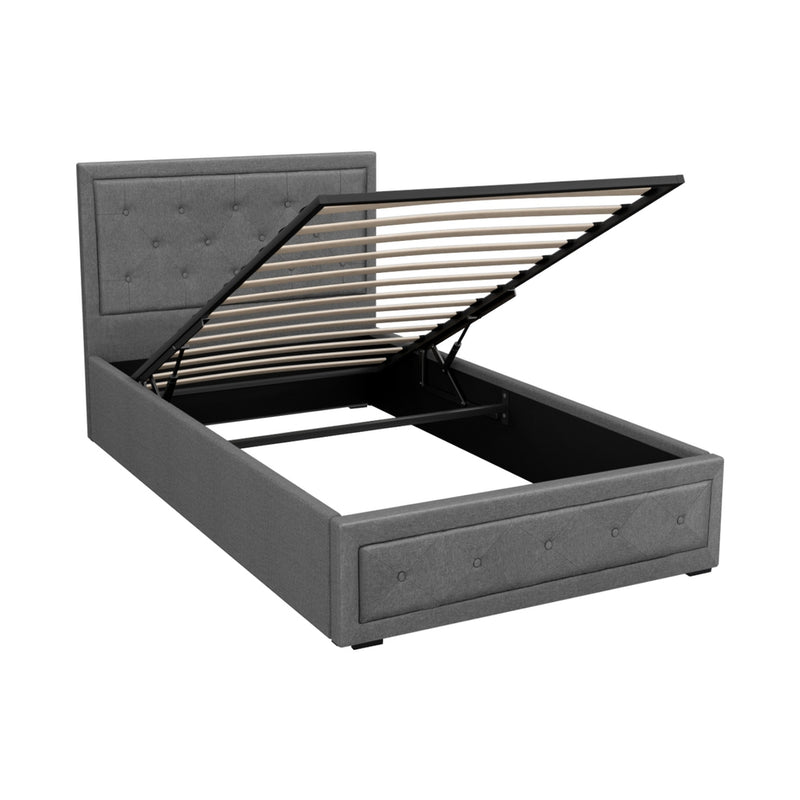Bronte Storage King Single Bed Frame Grey with gas lift storage, tufted headboard, and wooden slats indoor bedroom furniture