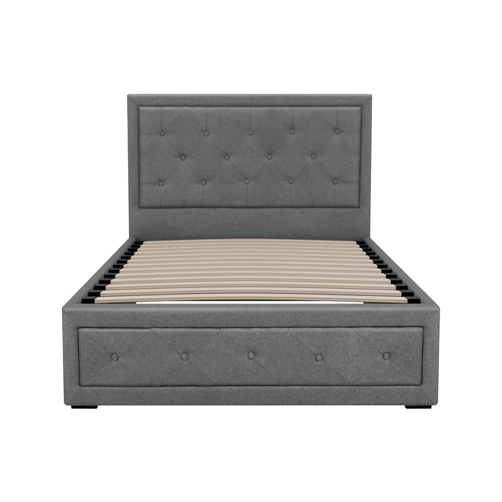 Bronte Storage King Single Bed Frame Grey with tufted headboard, fabric upholstery, slatted base, and under-bed storage drawer.