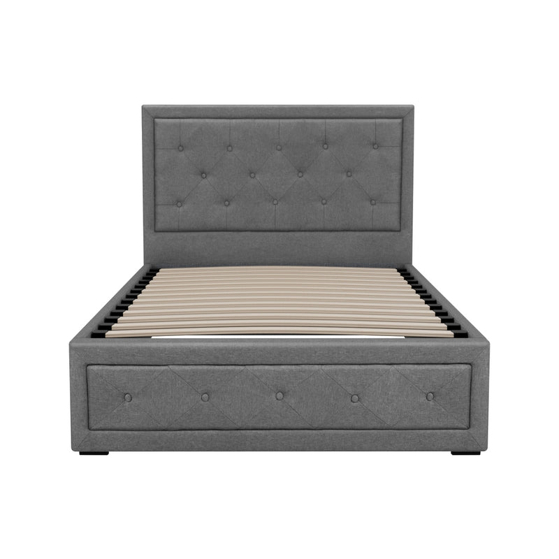 Bronte Storage King Single Bed Frame Grey with tufted headboard, fabric upholstery, slatted base, and under-bed storage drawer.