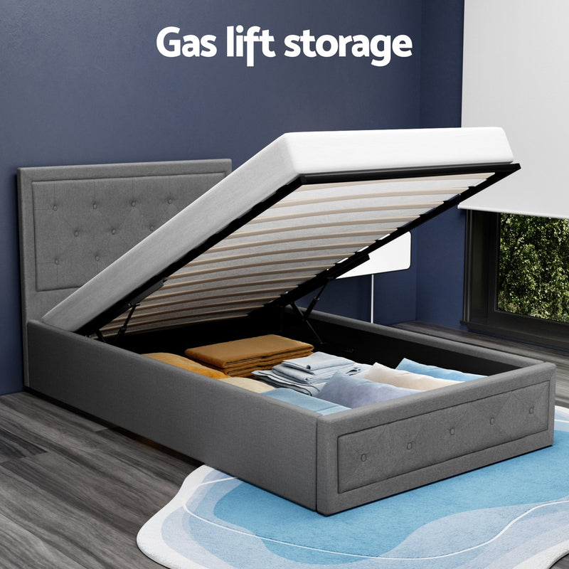Bronte Storage King Single Bed Frame Grey with gas lift storage, grey tufted upholstery, and wooden slats in modern bedroom setting