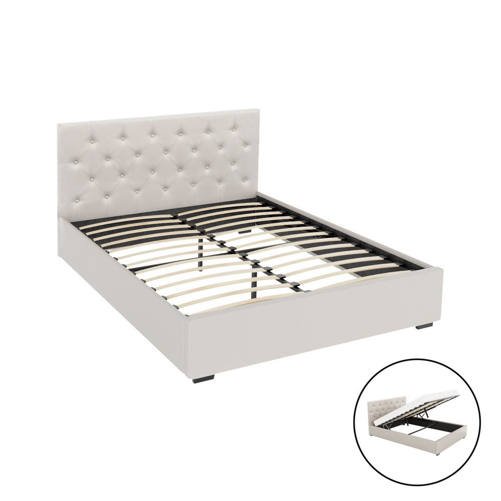 Dorilla Gas Lift Storage Double Bed Frame - Beige with tufted headboard, wooden slats, and gas lift storage system visible