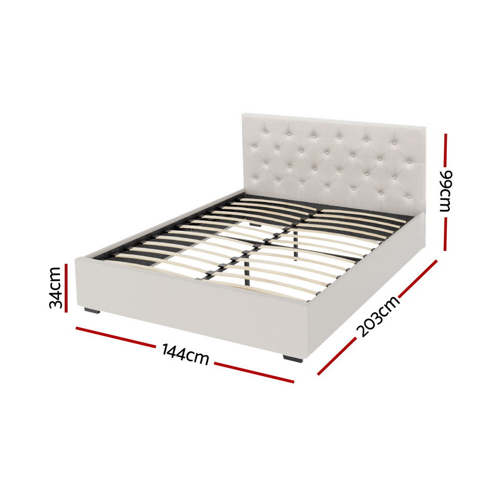 Dorilla Gas Lift Storage Double Bed Frame - Beige with tufted headboard, wooden slats, and metal frame, shown with dimensions
