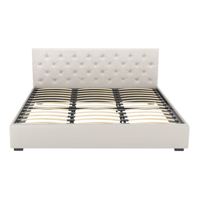 Dorilla Gas Lift Storage King Bed Frame - Beige with tufted headboard and wooden slats, modern bedroom furniture design