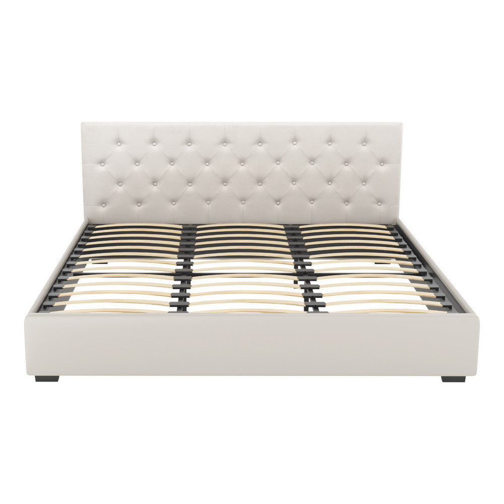 King Package | Dorilla Gas Lift Storage Bed Frame Beige with tufted headboard and wooden slats, shown without mattress
