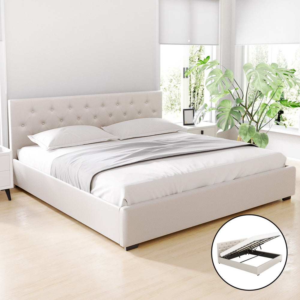 King Package | Dorilla Gas Lift Storage Bed Frame Beige & Bonita Pillow Top Mattress (Medium Firm)