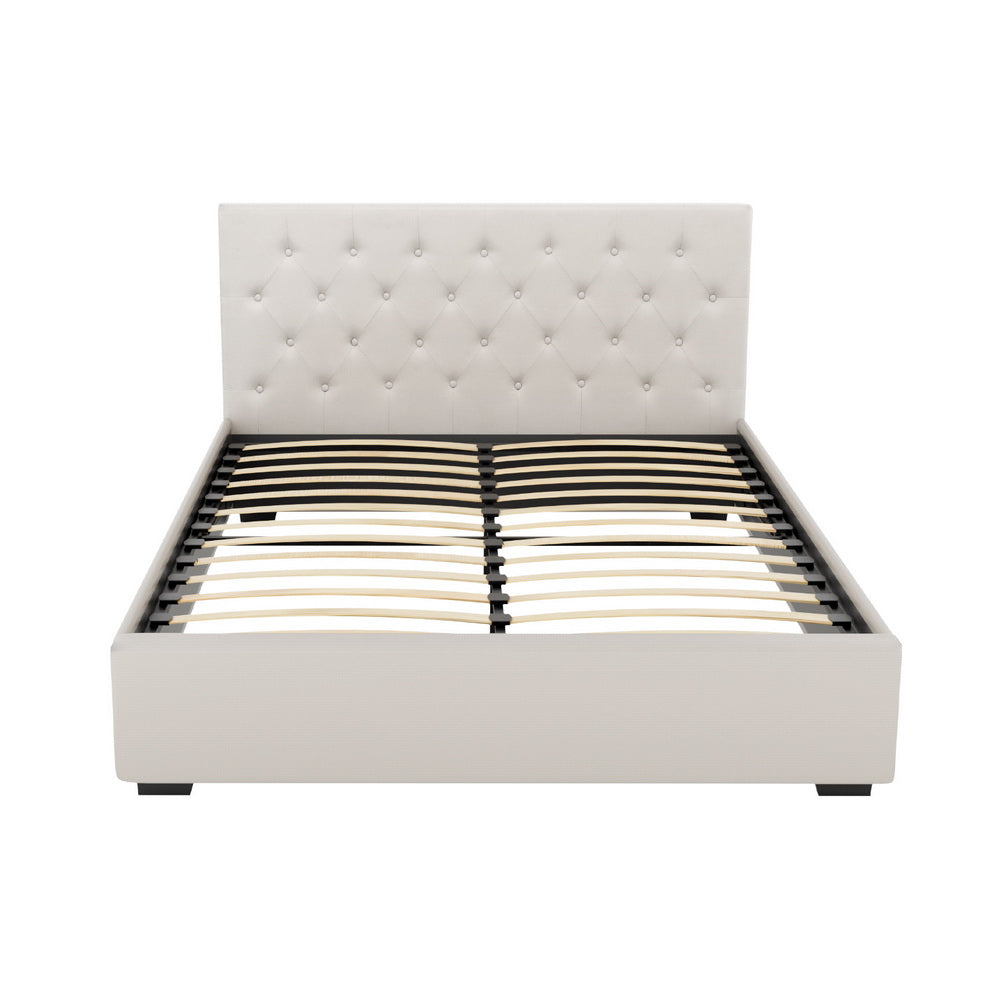 Dorilla Gas Lift Storage Queen Bed Frame - Beige with tufted headboard and wooden slats, shown on white background