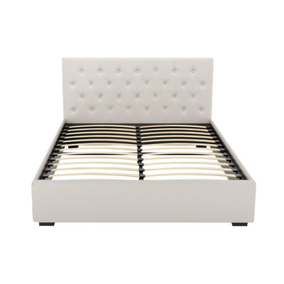 Dorilla Gas Lift Storage Queen Bed Frame - Beige with tufted headboard and wooden slats, shown on white background