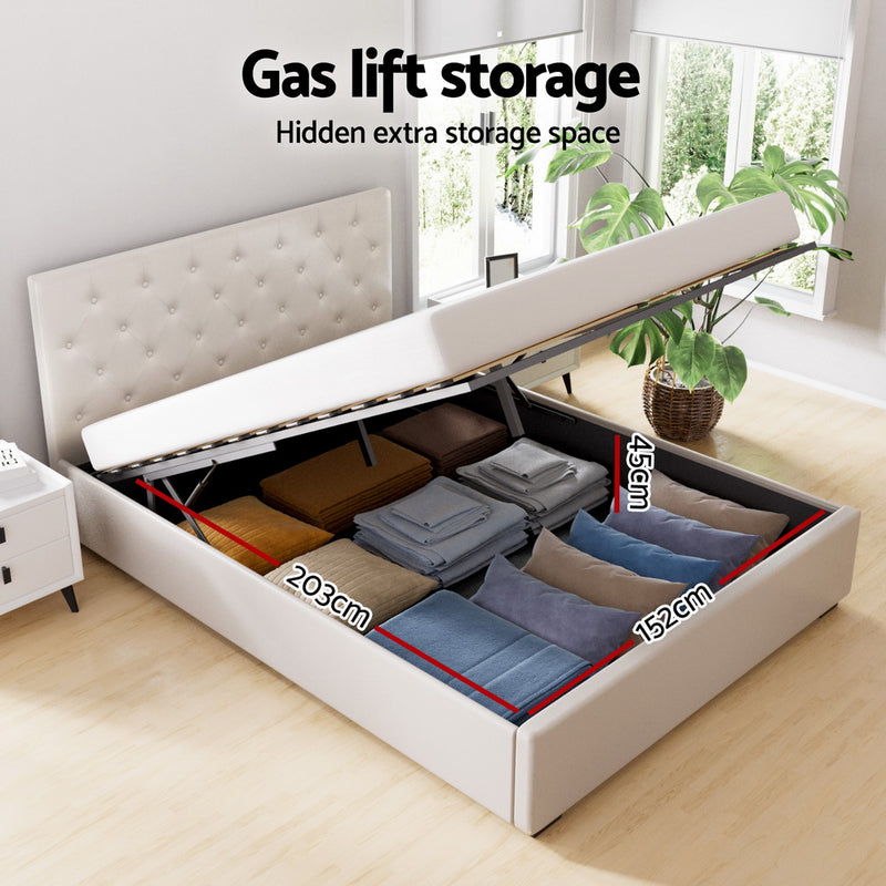 Queen Package | Dorilla Gas Lift Storage Bed Frame Beige with Bonita Pillow Top Mattress medium firm shown with open gas lift storage and folded linens inside