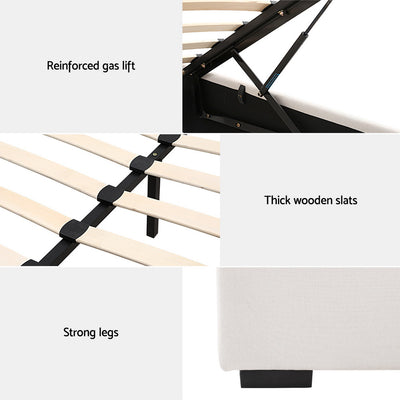 Close-up details of reinforced gas lift, thick wooden slats, strong legs on Dorilla Gas Lift Storage Queen Bed Frame - Beige
