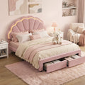 Double Bed Frame with 2 Storage Drawers, Velvet Upholstered Platform Bed with LED Headboard - Pink