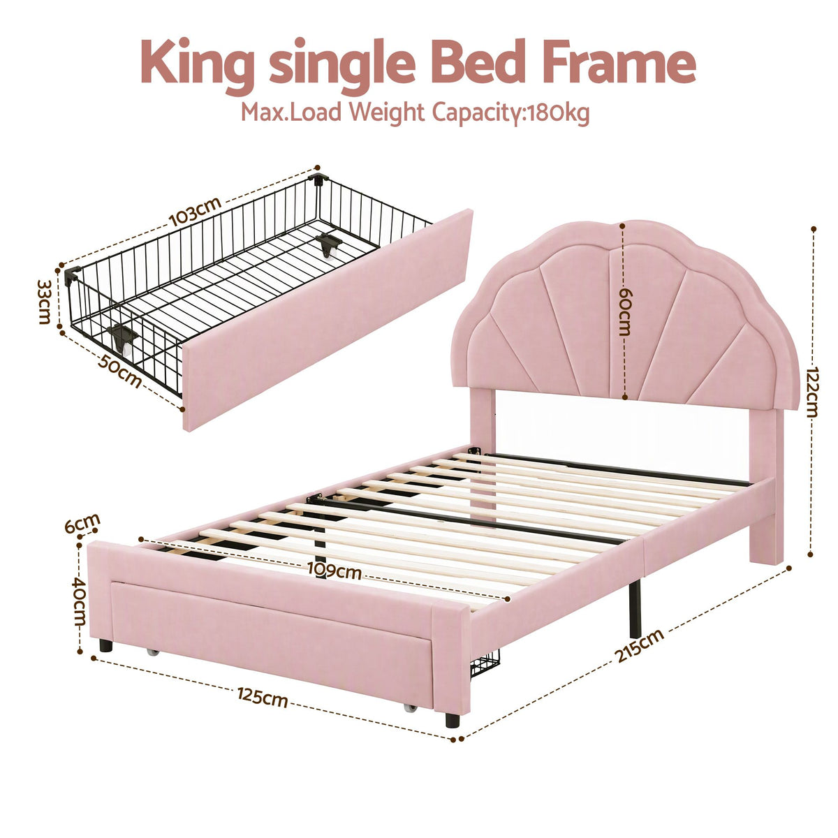 King Single Velvet Upholstered Bed Frame with Storage Drawer & LED Headboard - Pink