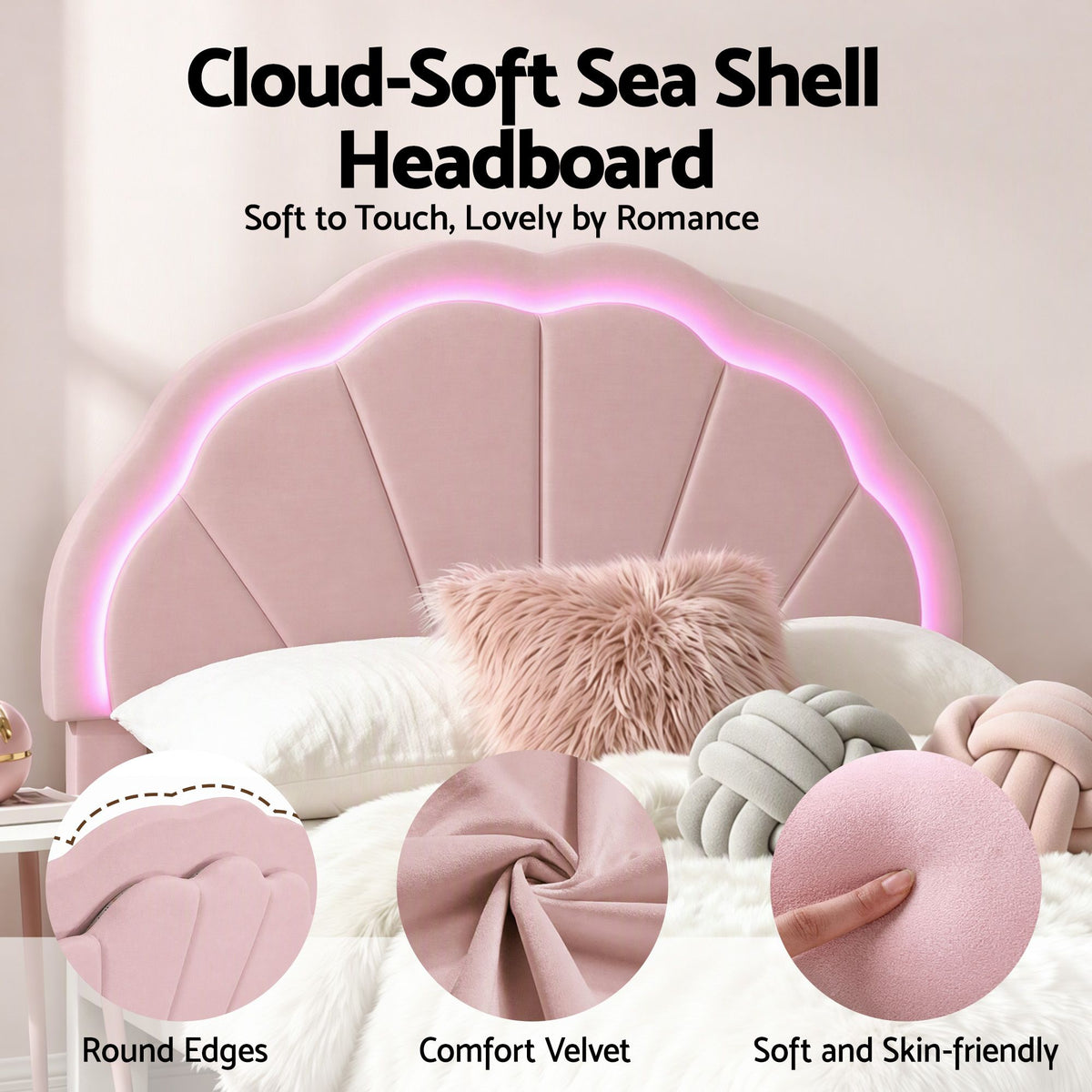 King Single Velvet Upholstered Bed Frame with Storage Drawer & LED Headboard - Pink