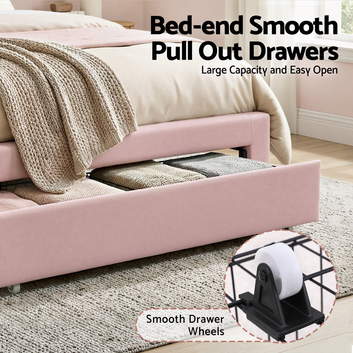 King Single Velvet Upholstered Bed Frame with Storage Drawer & LED Headboard - Pink