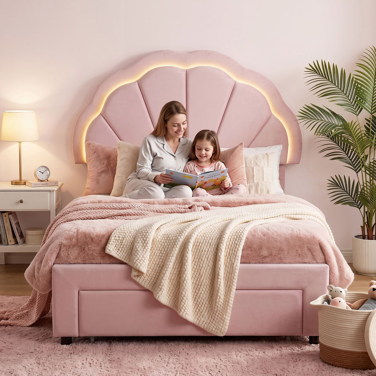 King Single Velvet Upholstered Bed Frame with Storage Drawer & LED Headboard - Pink