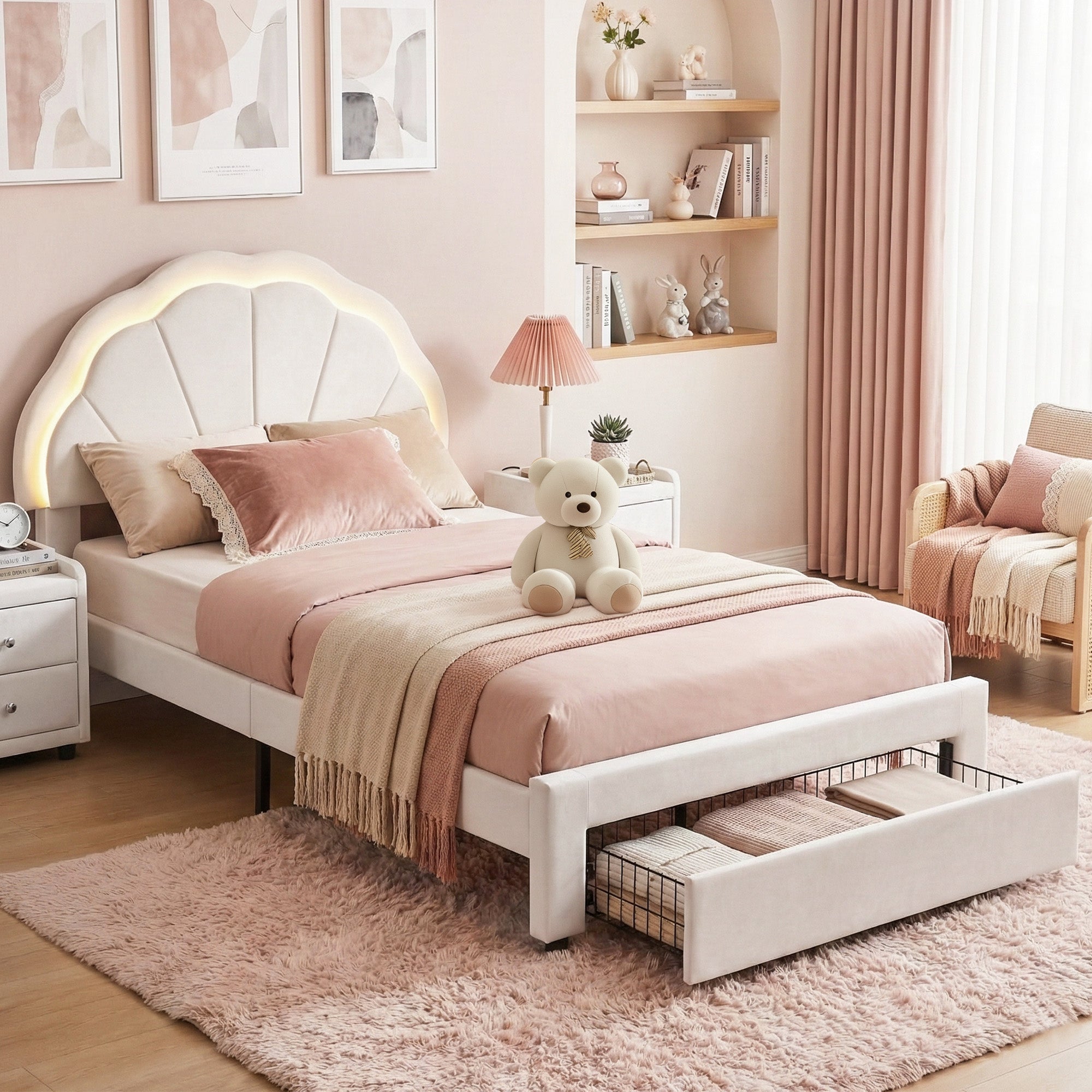 King Single Bed Frame with Storage Drawer Upholstered Velvet Platform Bed LED Headboard