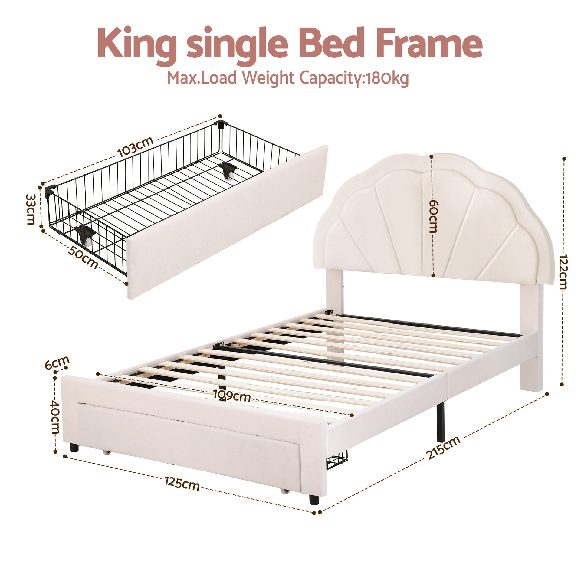 King Single Bed Frame with Storage Drawer Upholstered Velvet Platform Bed LED Headboard