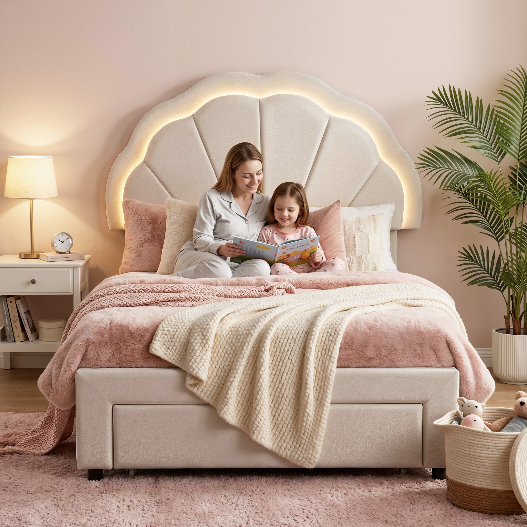 King Single Bed Frame with Storage Drawer Upholstered Velvet Platform Bed LED Headboard