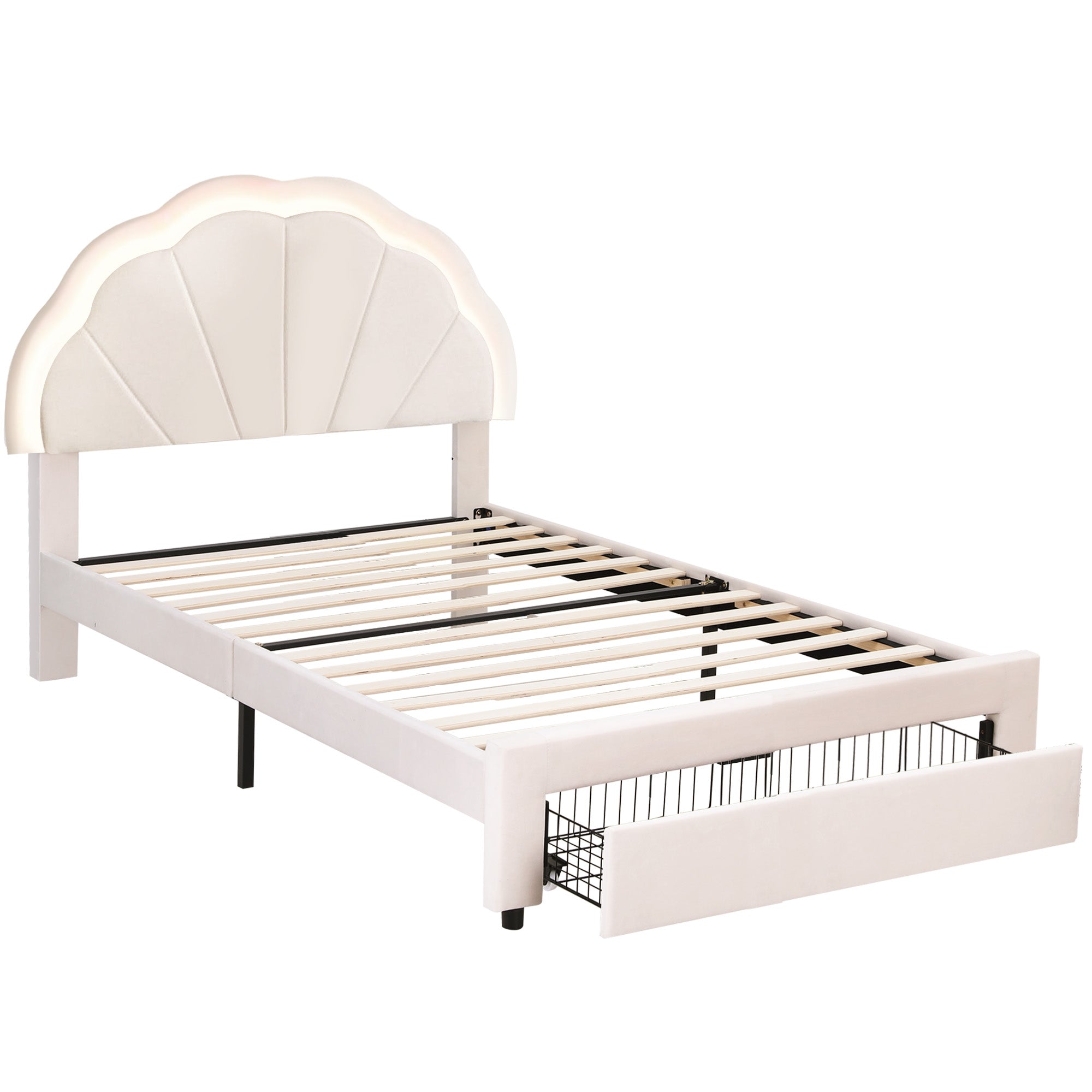 King Single Bed Frame with Storage Drawer Upholstered Velvet Platform Bed LED Headboard