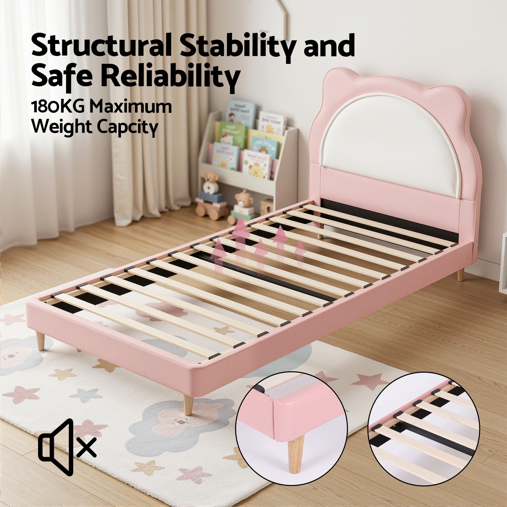 King Single Kids Bed Frame with Upholstered Animal Design - Pink