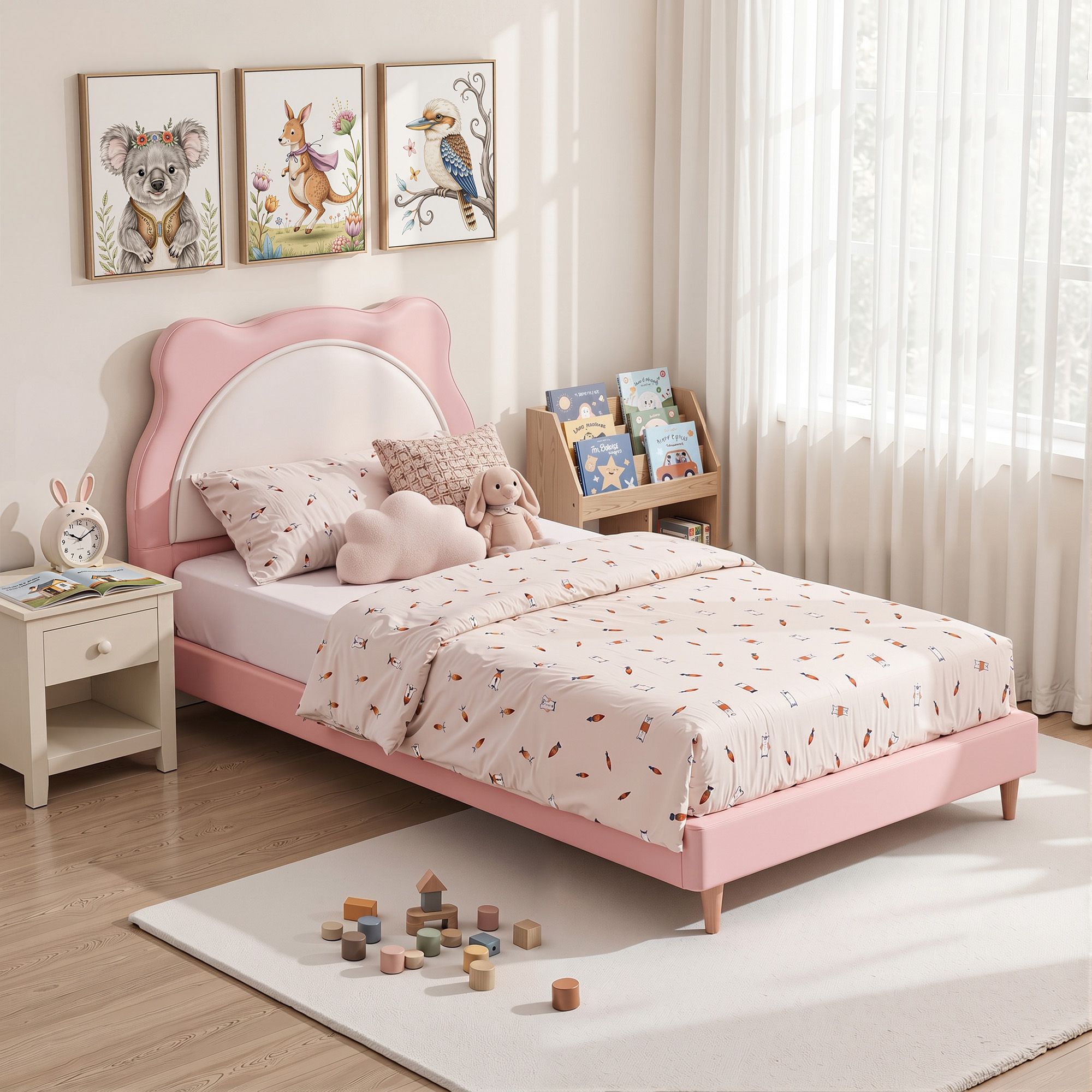 King Single Kids Bed Frame with Upholstered Animal Design - Pink