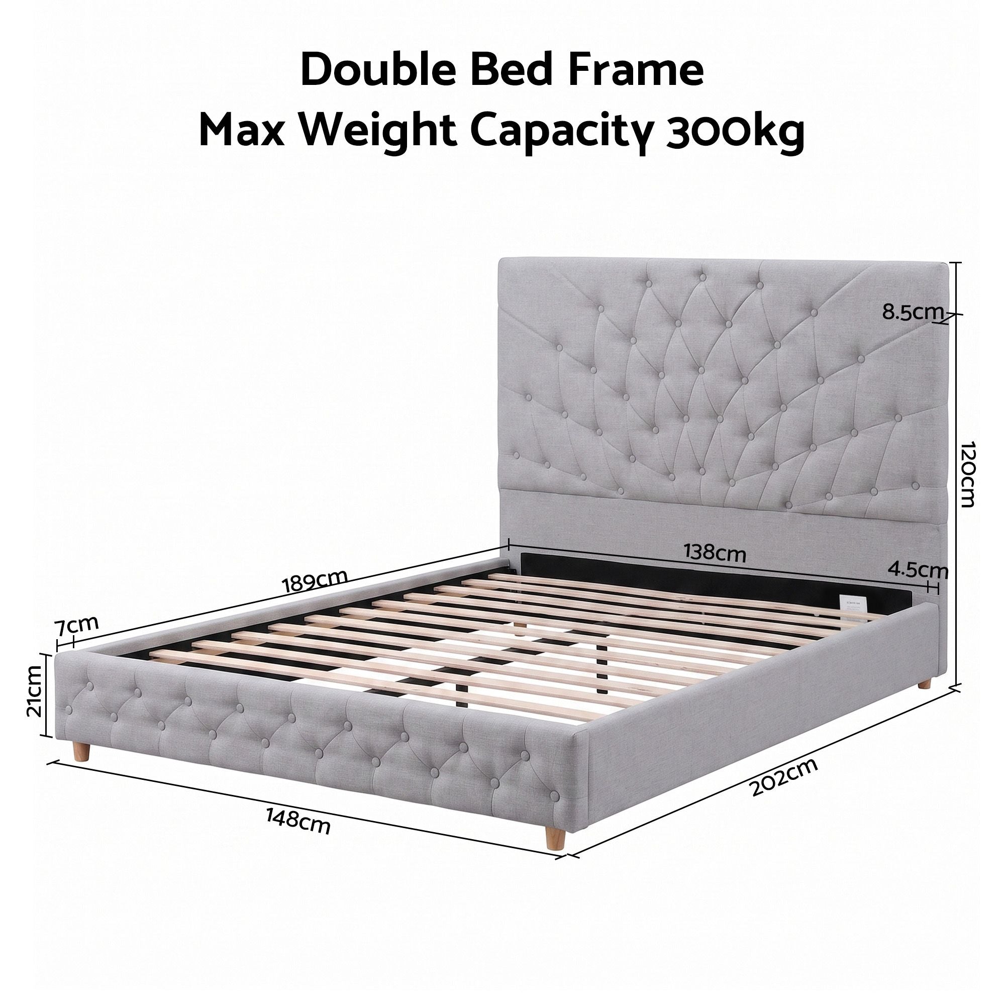 Double Bed Frame with Tufted Headboard and Plywood Slats - Grey