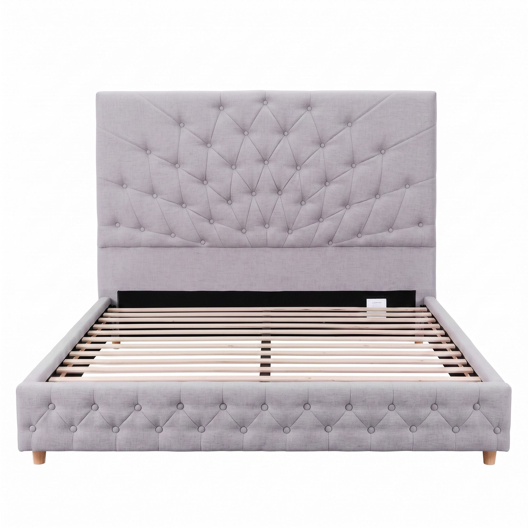 Double Bed Frame with Tufted Headboard and Plywood Slats - Grey