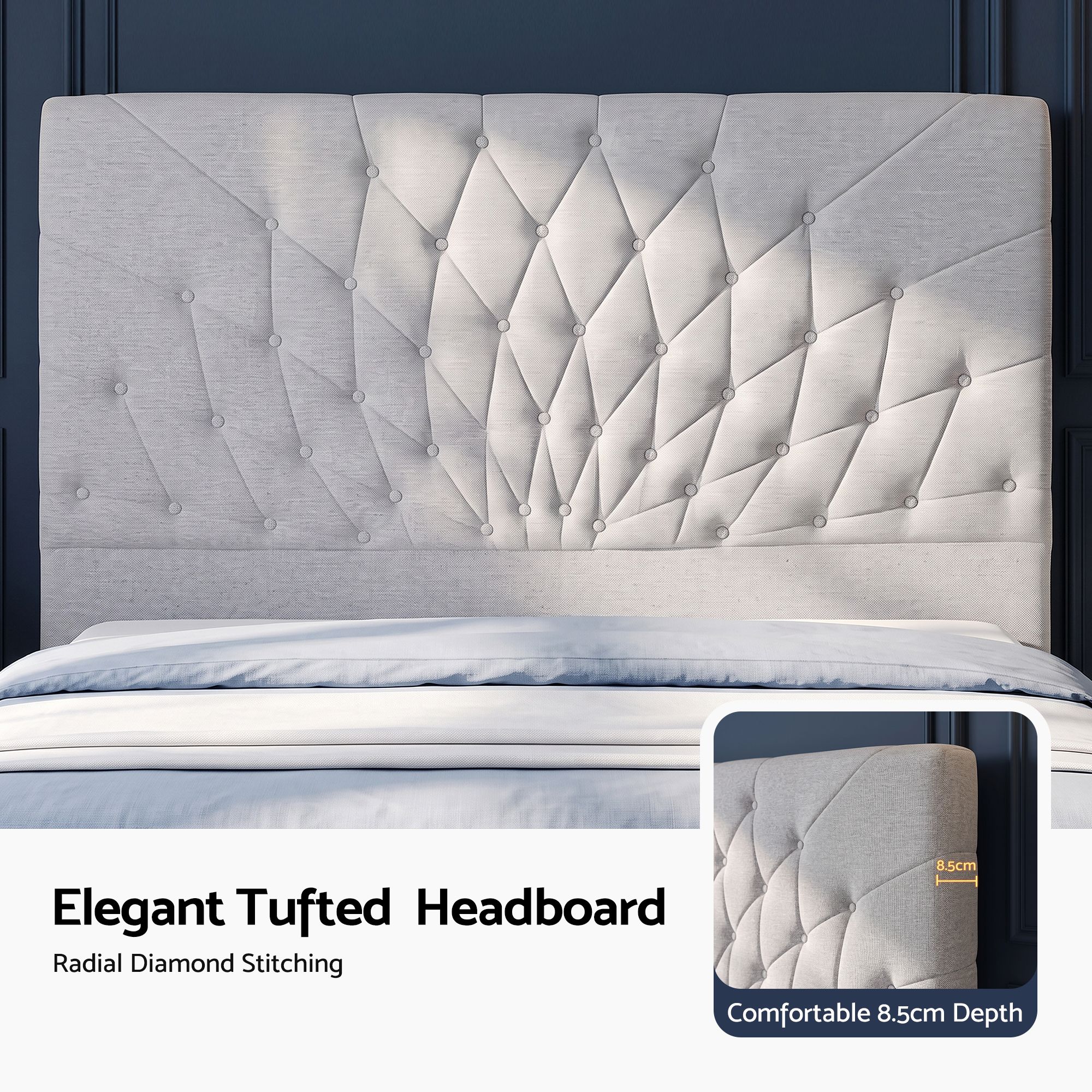 Double Bed Frame with Tufted Headboard and Plywood Slats - Grey