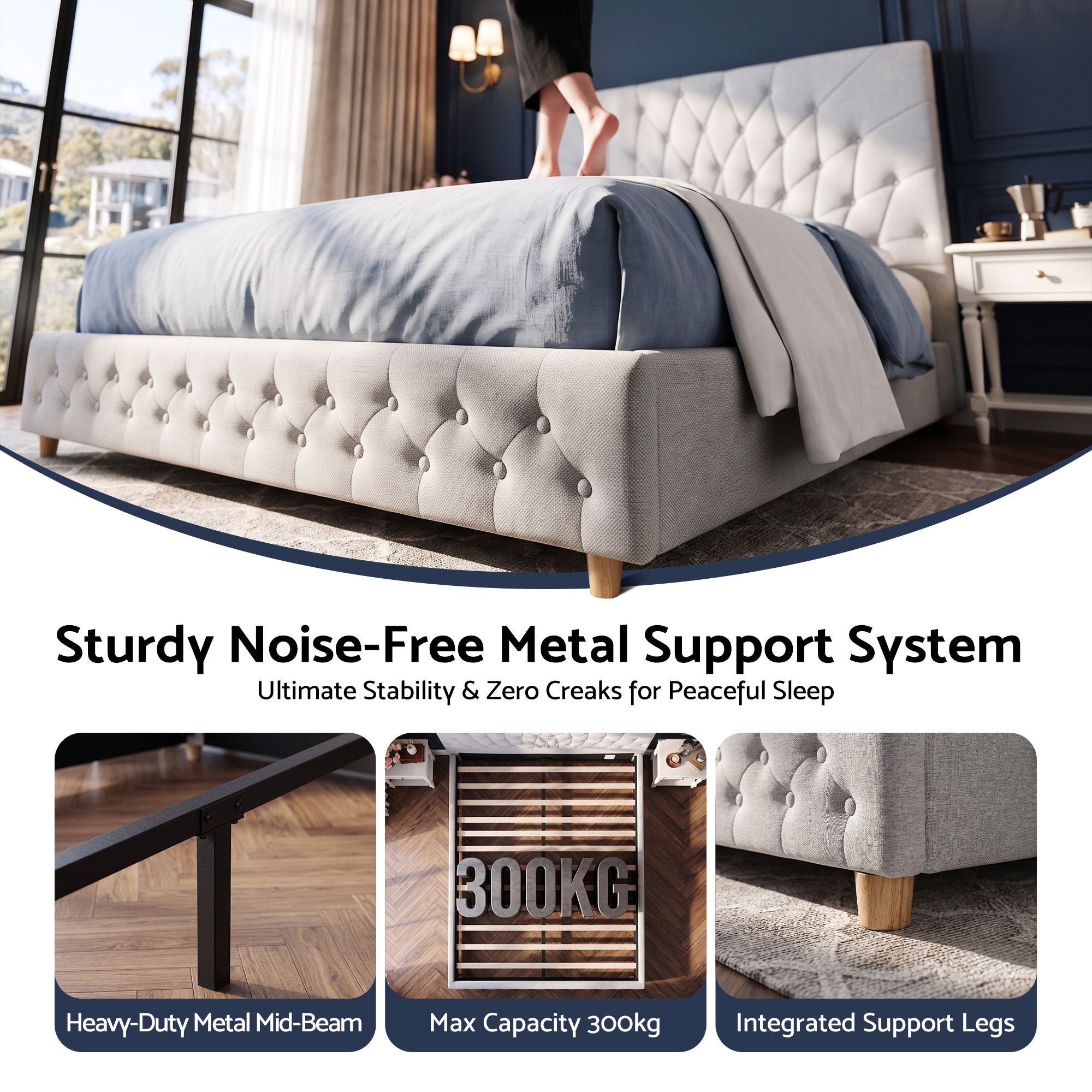 Double Bed Frame with Tufted Headboard and Plywood Slats - Grey