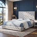 Queen Bed Frame with Tufted Headboard and Plywood Slats - Grey