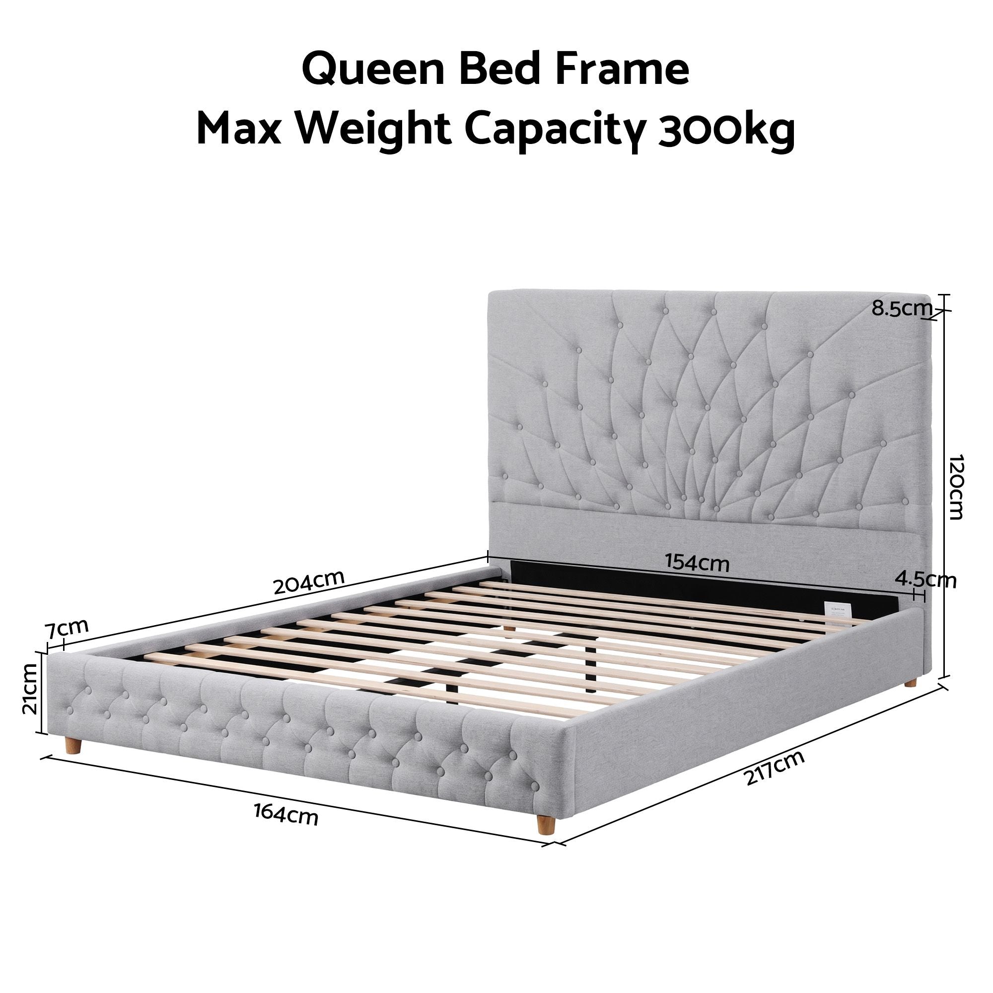 Queen Bed Frame with Tufted Headboard and Plywood Slats - Grey