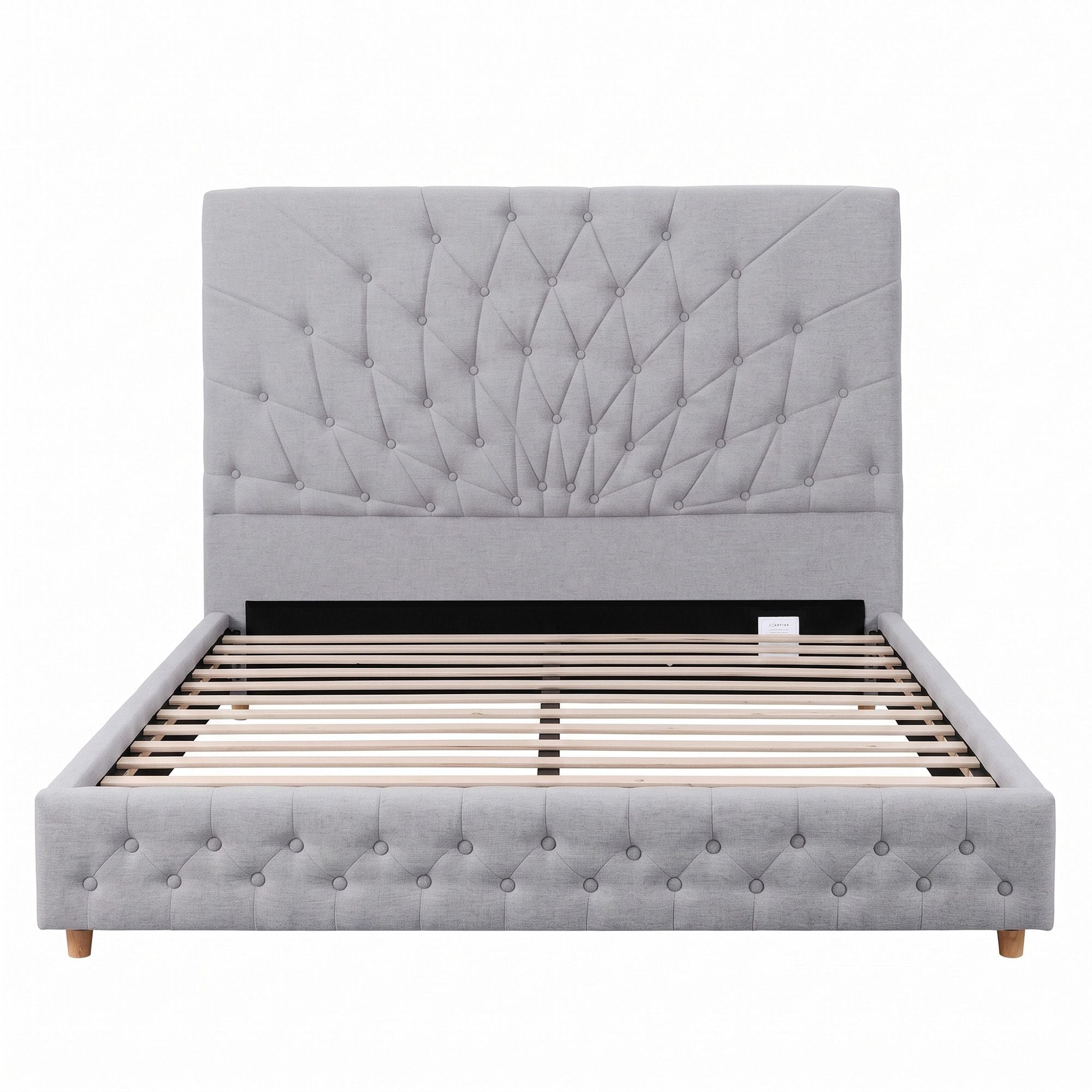 Queen Bed Frame with Tufted Headboard and Plywood Slats - Grey