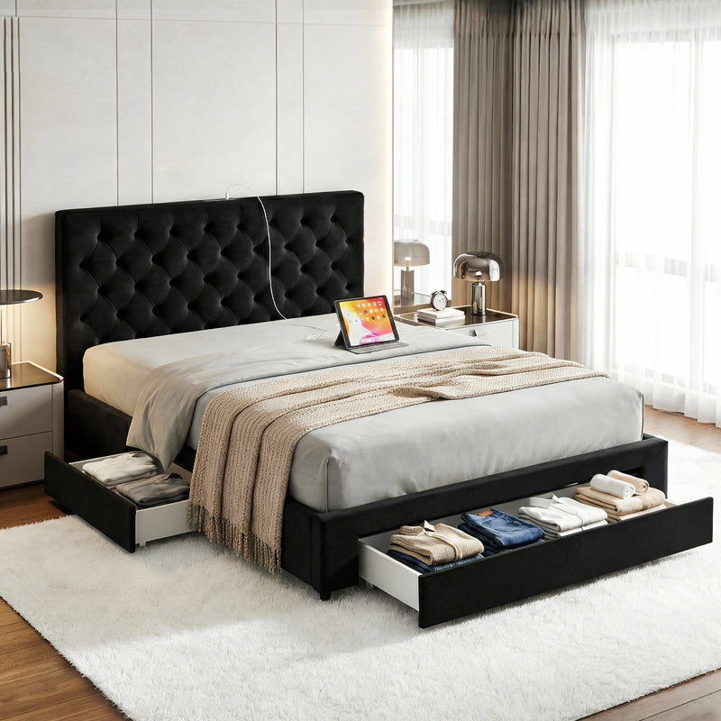 Queen Bed Frame Storage Charging Station Upholstered 3 Drawers USB Type-C-1
