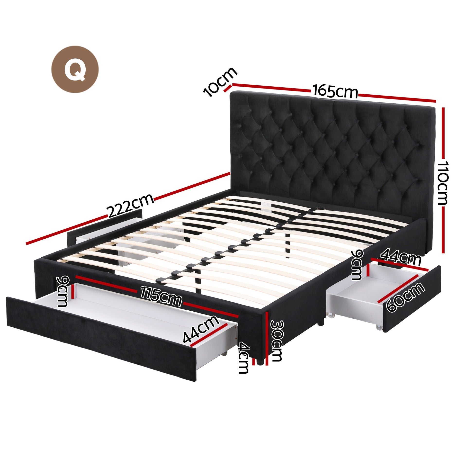 Queen Bed Frame Storage Charging Station Upholstered 3 Drawers USB Type-C