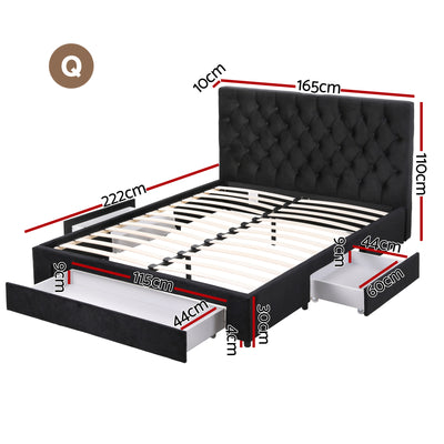 Lunara Queen Upholstered Storage Bed with Drawers & Charging Station – Black