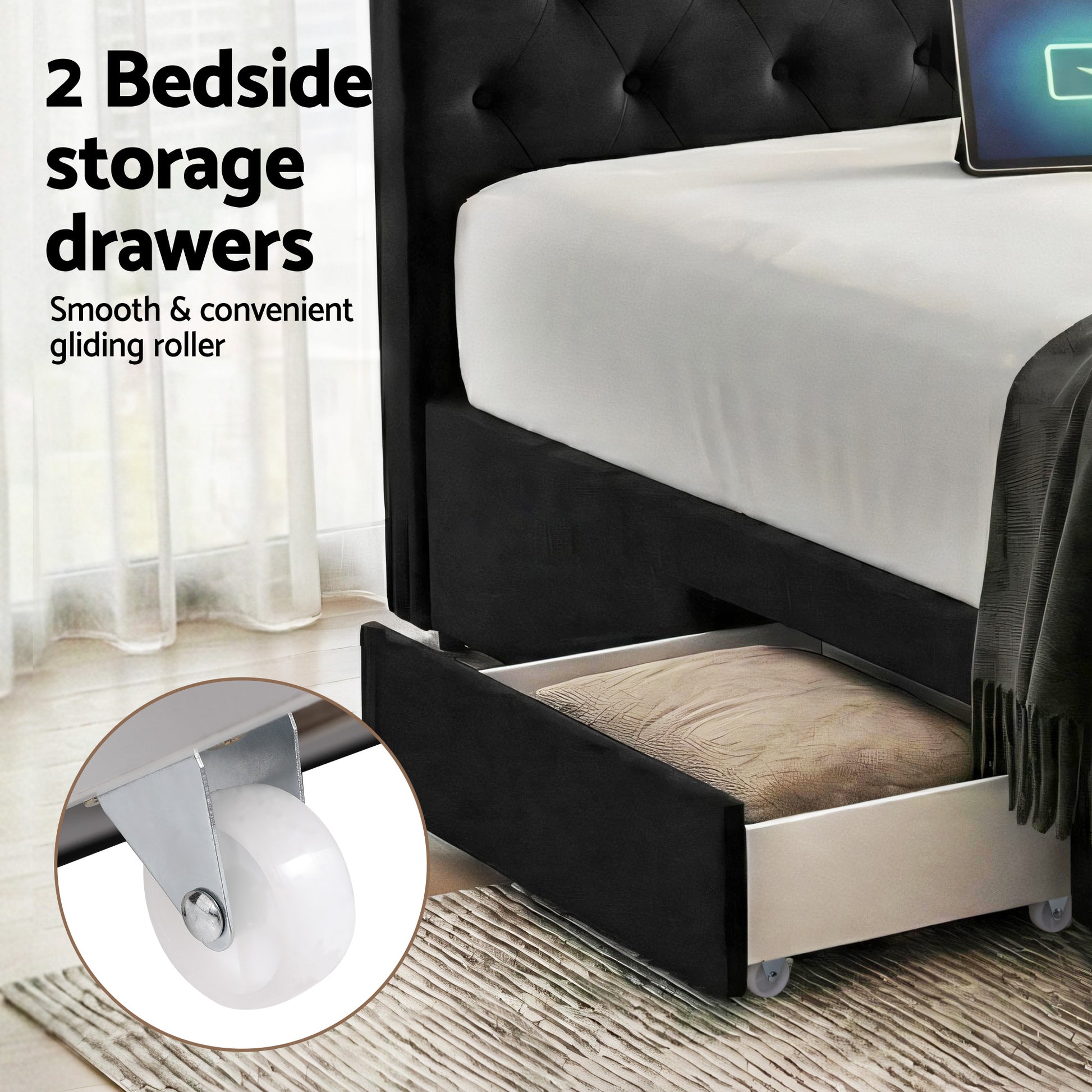 Queen Bed Frame Storage Charging Station Upholstered 3 Drawers USB Type-C-5