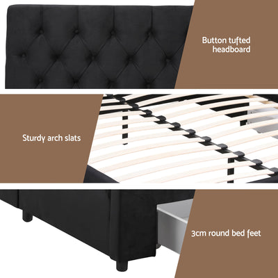 Lunara Queen Upholstered Storage Bed with Drawers & Charging Station – Black