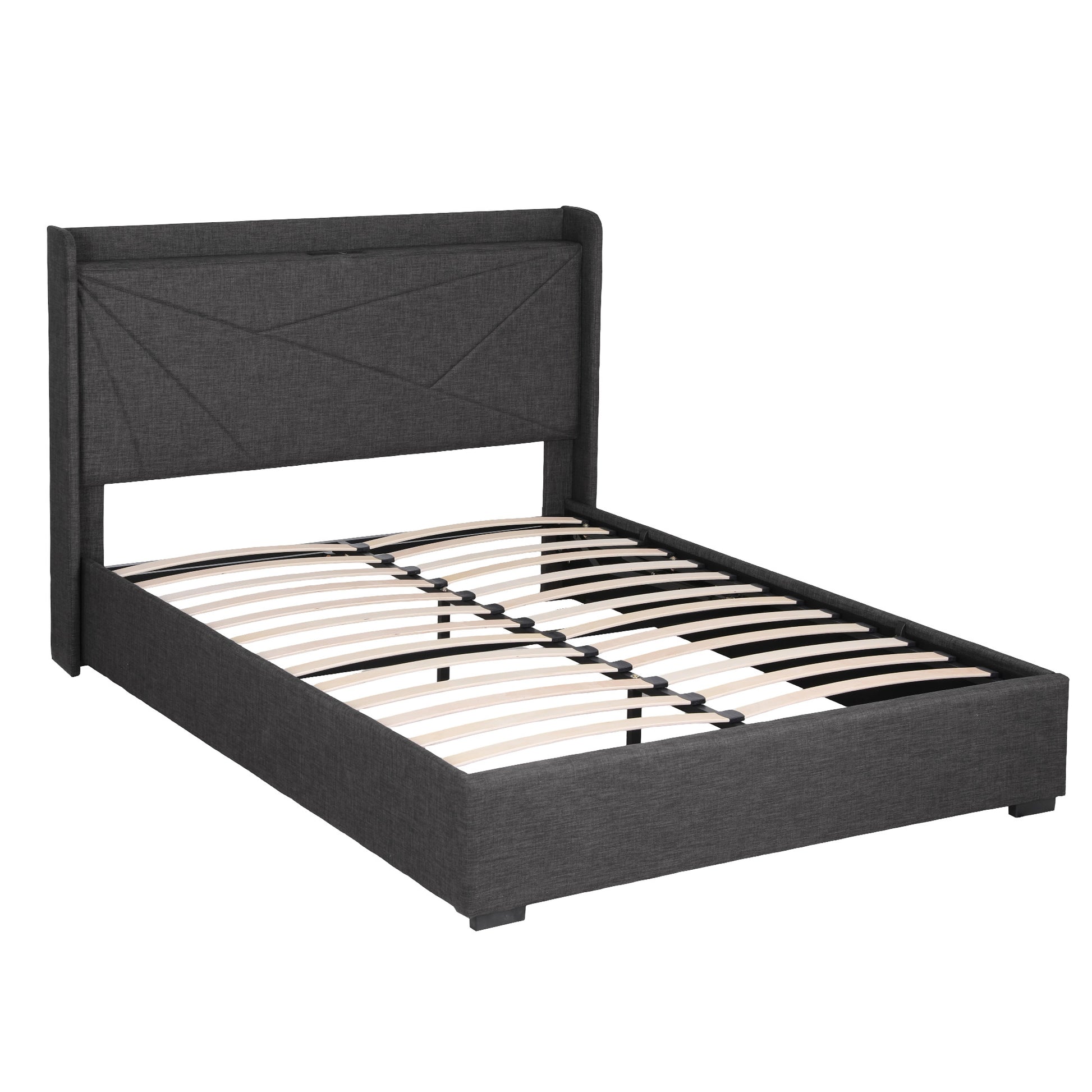 Double Bed Frame Gas Lift Storage Bed with Charging Ports Upholstered Geometric Headboard Charcoal Grey-1