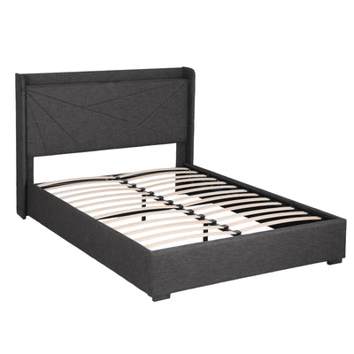 Double Bed Frame Gas Lift Storage Bed with Charging Ports Upholstered Geometric Headboard Charcoal Grey