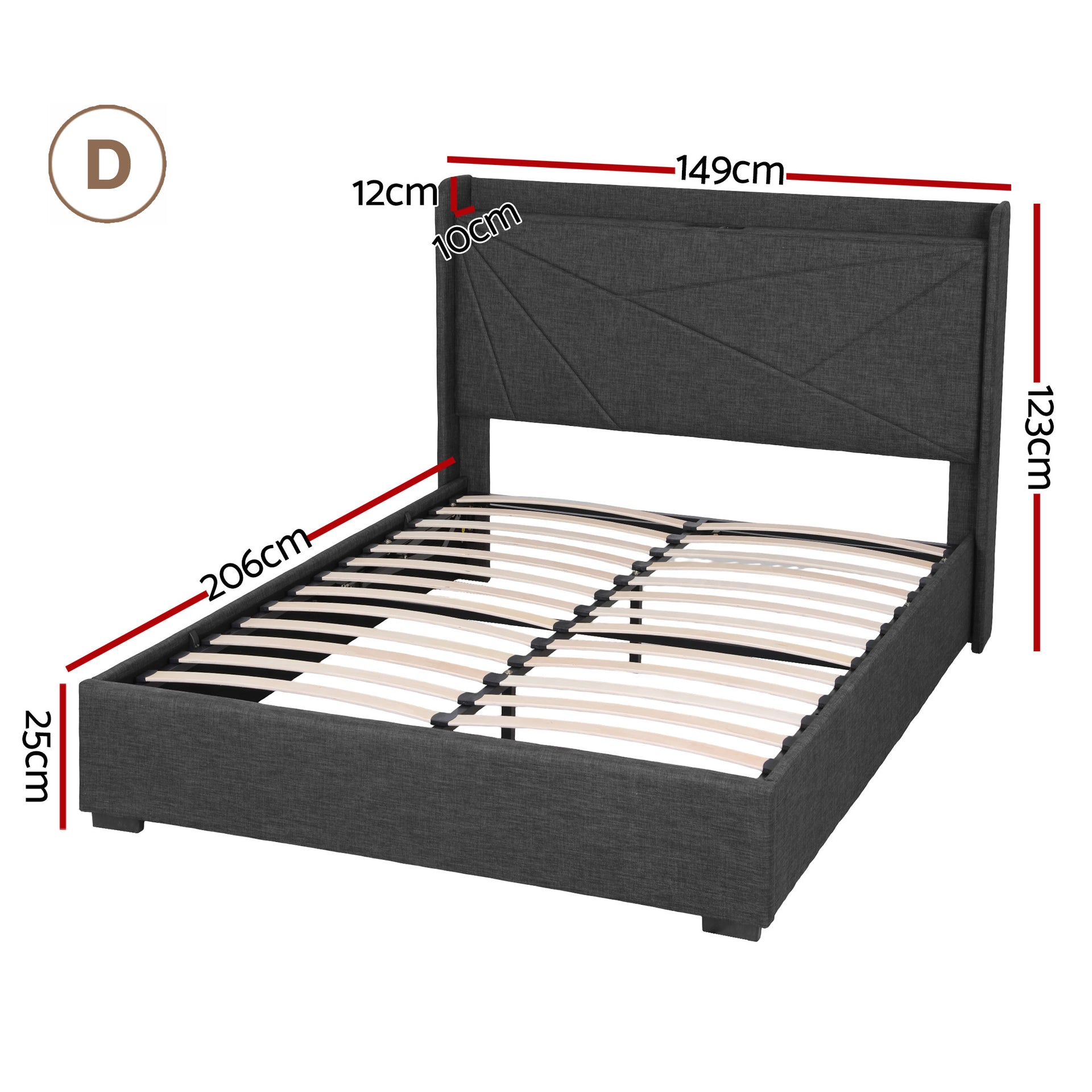 Double Bed Frame Gas Lift Storage Bed with Charging Ports Upholstered Geometric Headboard Charcoal Grey
