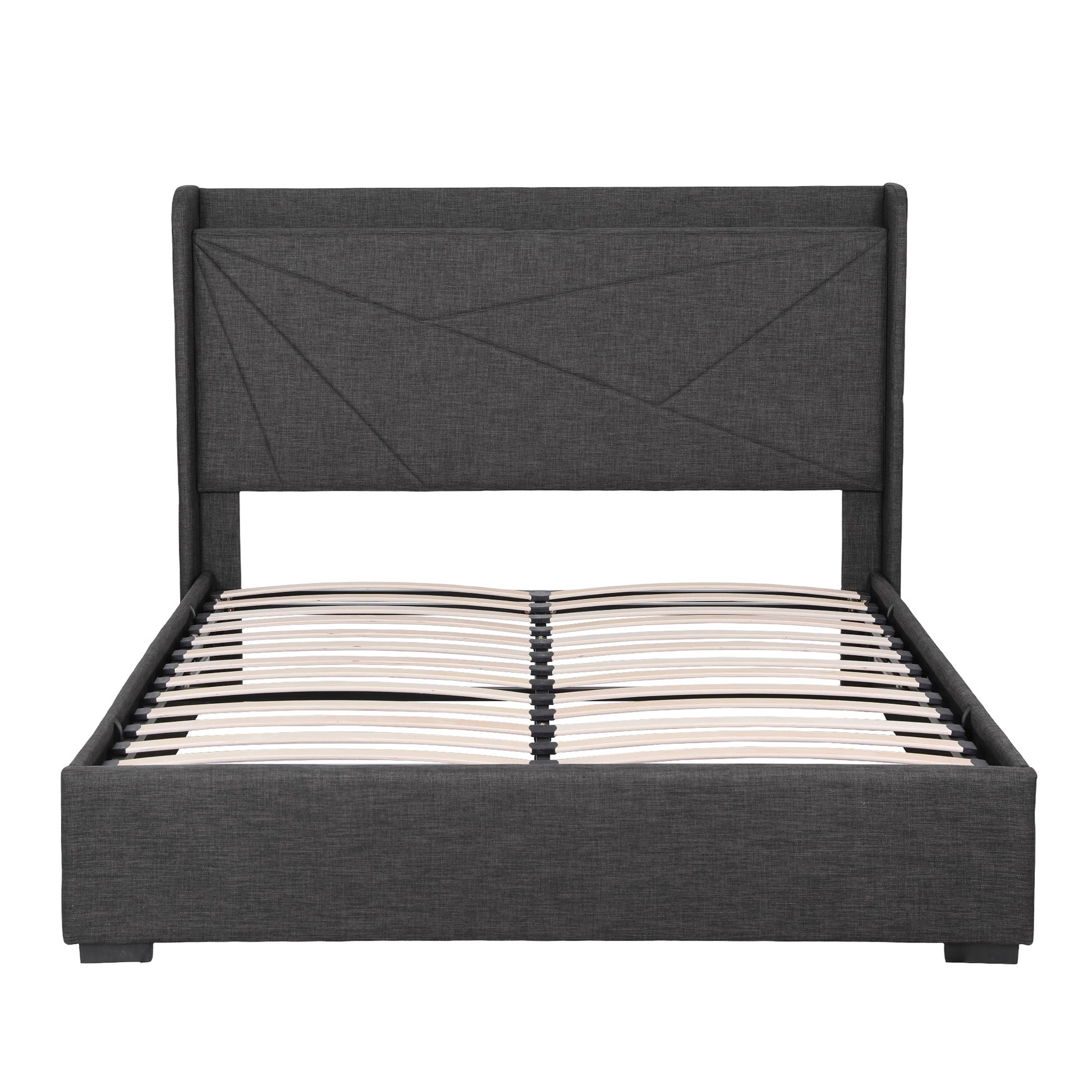 Double Bed Frame Gas Lift Storage Bed with Charging Ports Upholstered Geometric Headboard Charcoal Grey-3