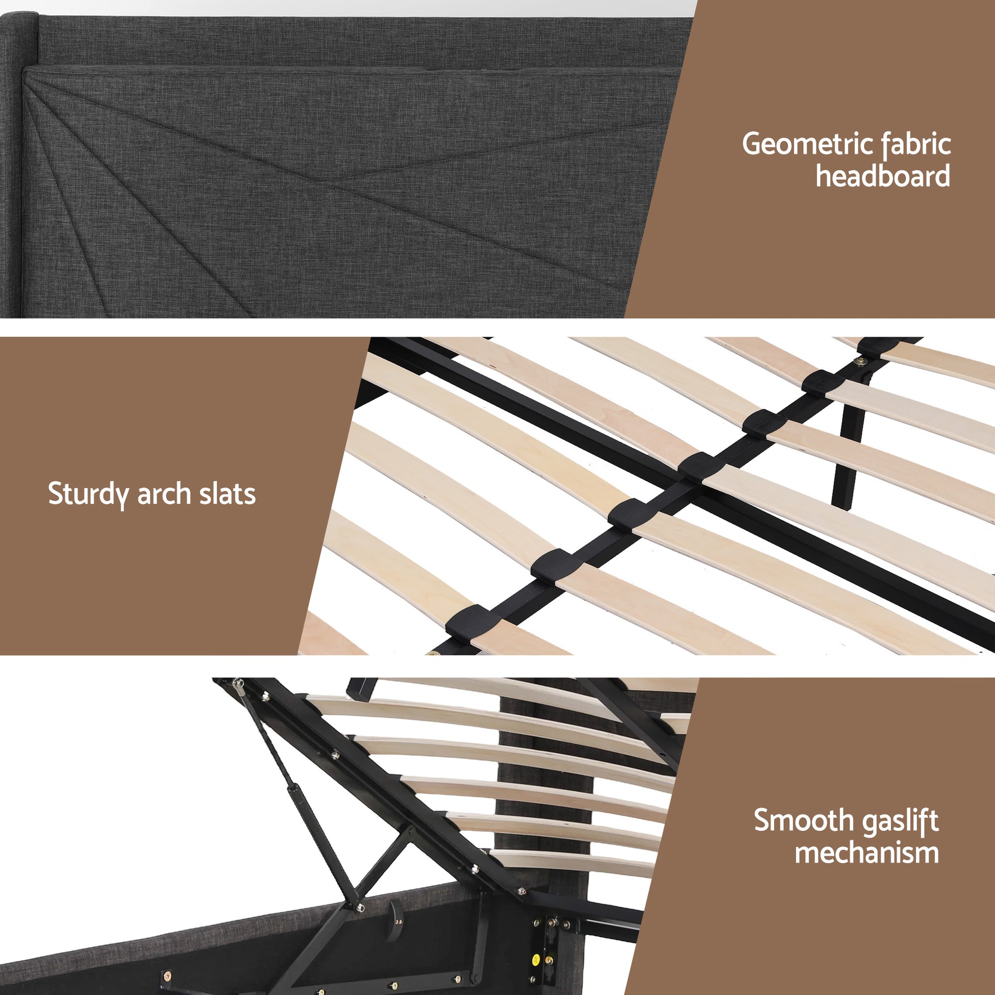 Double Bed Frame Gas Lift Storage Bed with Charging Ports Upholstered Geometric Headboard Charcoal Grey-8