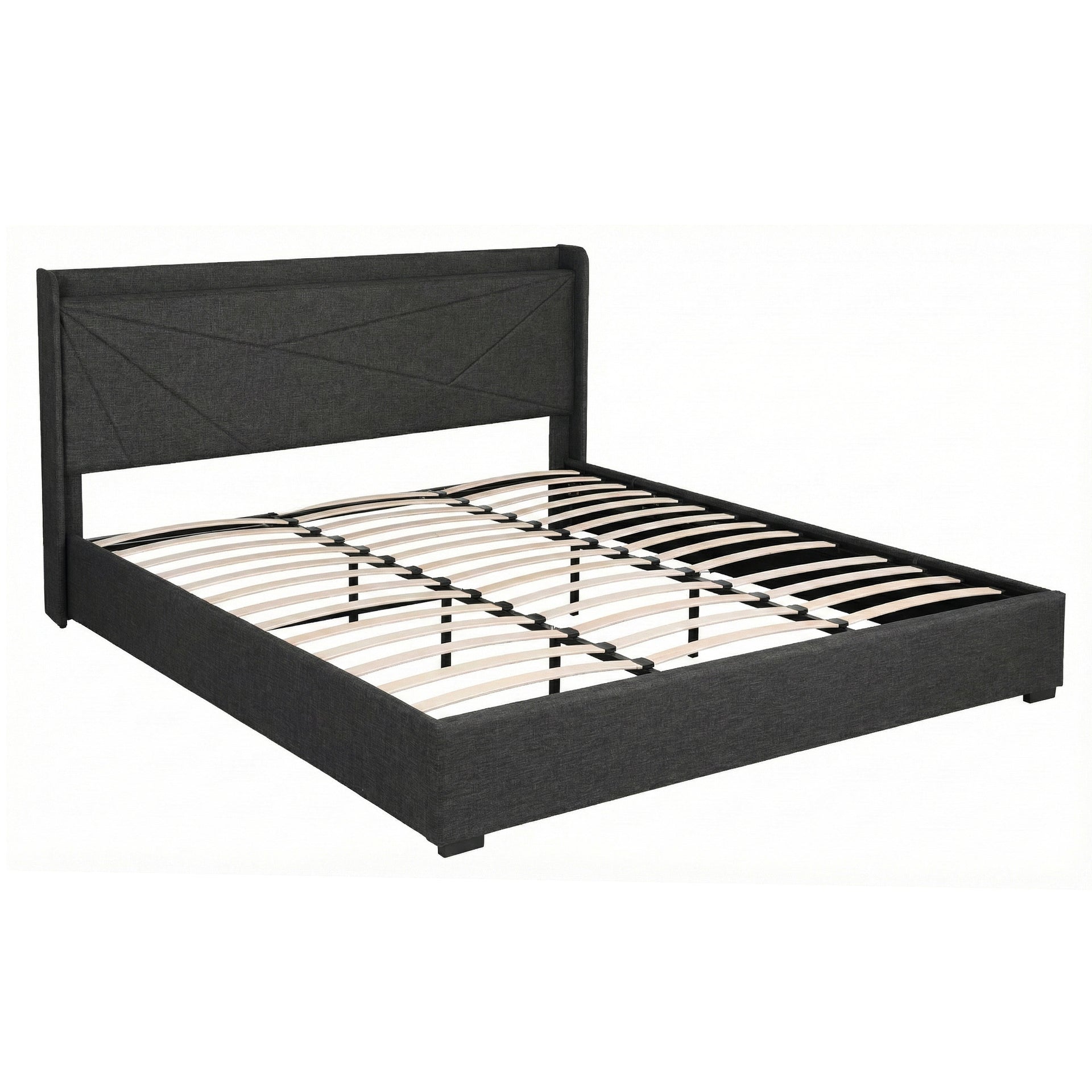 King Bed Frame Gas Lift Storage Bed with Charging Ports Upholstered Geometric Headboard Charcoal Grey