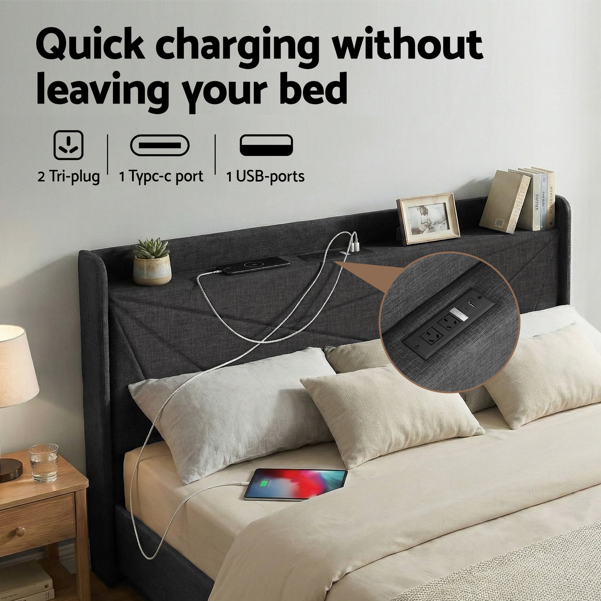 Moree King Gas Lift Bed Frame with Charging Station - Charcoal-6