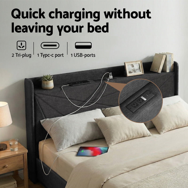 Moree King Gas Lift Bed Frame with Charging Station - Charcoal-6