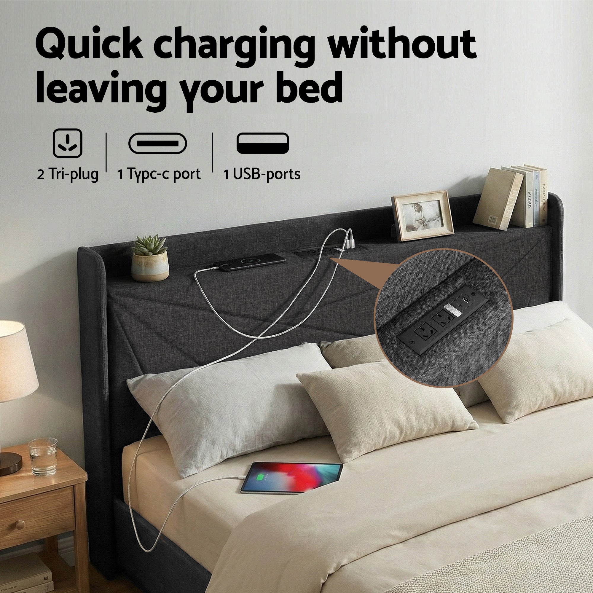 King Package | Moree King Gas Lift Bed Frame Charcoal & Serenity Euro Top Mattress (Medium Firm)
